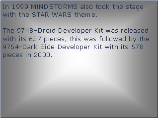 Tekstboks: In 1999 MINDSTORMS also took the stage with the STAR WARS theme. The 9748Droid Developer Kit was released with its 657 pieces, this was followed by the 9754-Dark Side Developer Kit with its 578 pieces in 2000.