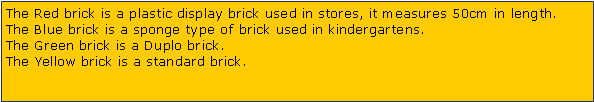 Tekstboks: The Red brick is a plastic display brick used in stores, it measures 50cm in length.The Blue brick is a sponge type of brick used in kindergartens.The Green brick is a Duplo brick.The Yellow brick is a standard brick.